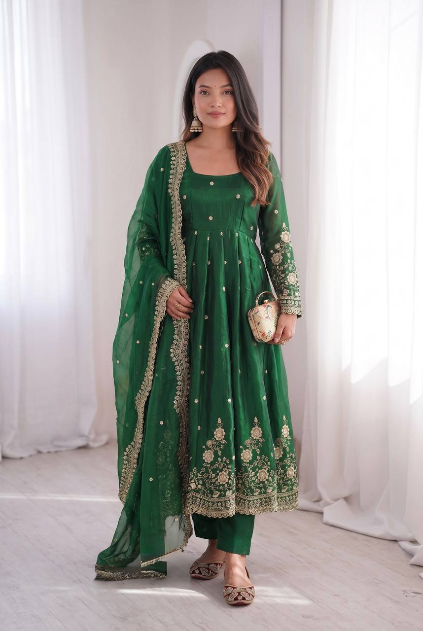 Designer Two Tone Fandy Silk Anarkali Kurti with Dupatta & Pant Set