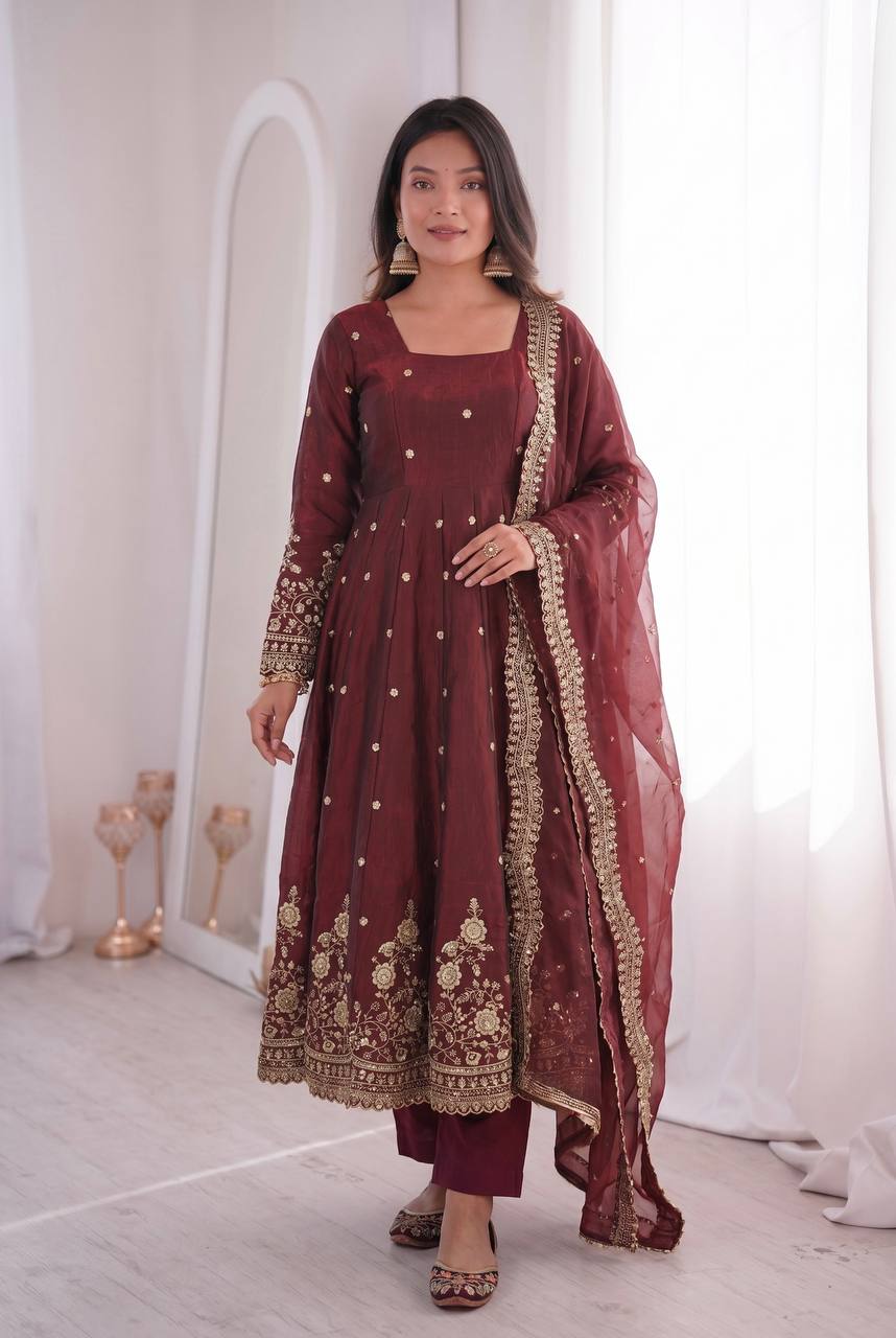 Designer Two Tone Fandy Silk Anarkali Kurti with Dupatta & Pant Set