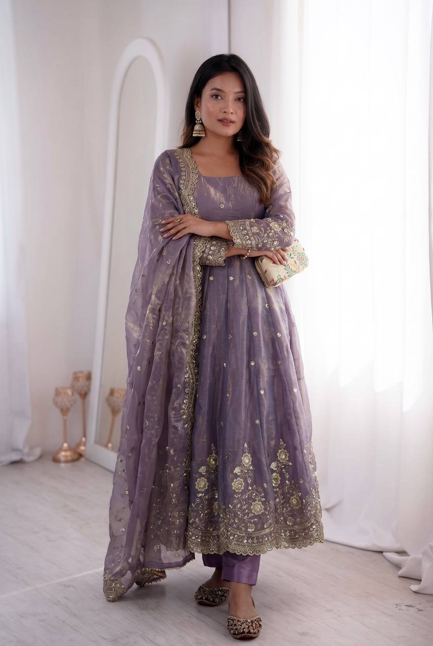 Designer Two Tone Fandy Silk Anarkali Kurti with Dupatta & Pant Set