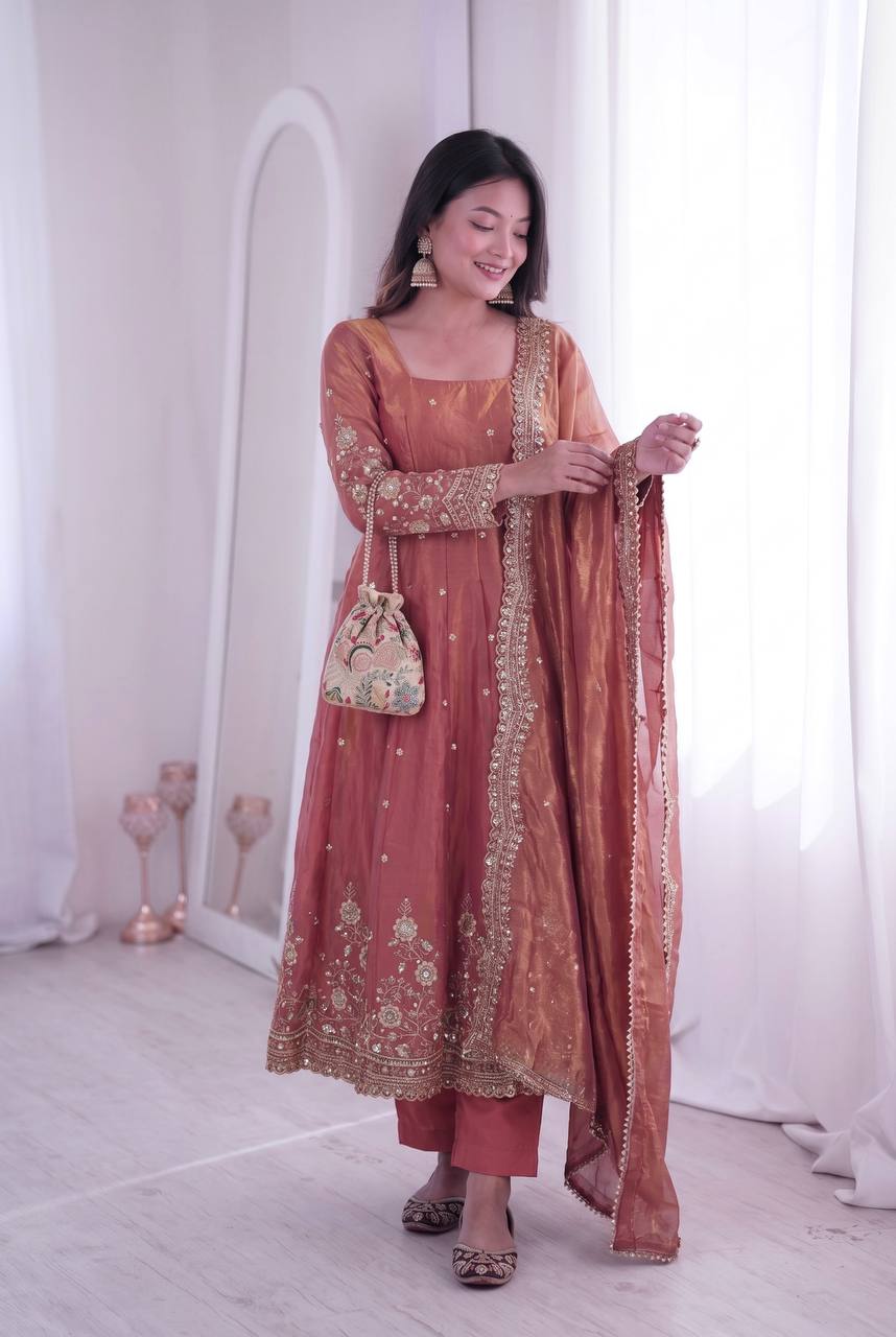 Designer Two Tone Fandy Silk Anarkali Kurti with Dupatta & Pant Set