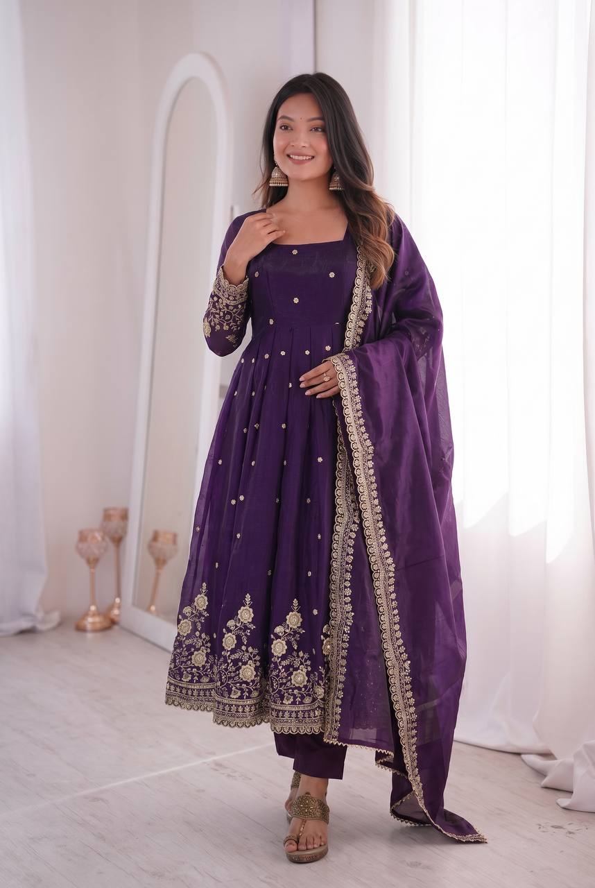 Designer Two Tone Fandy Silk Anarkali Kurti with Dupatta & Pant Set