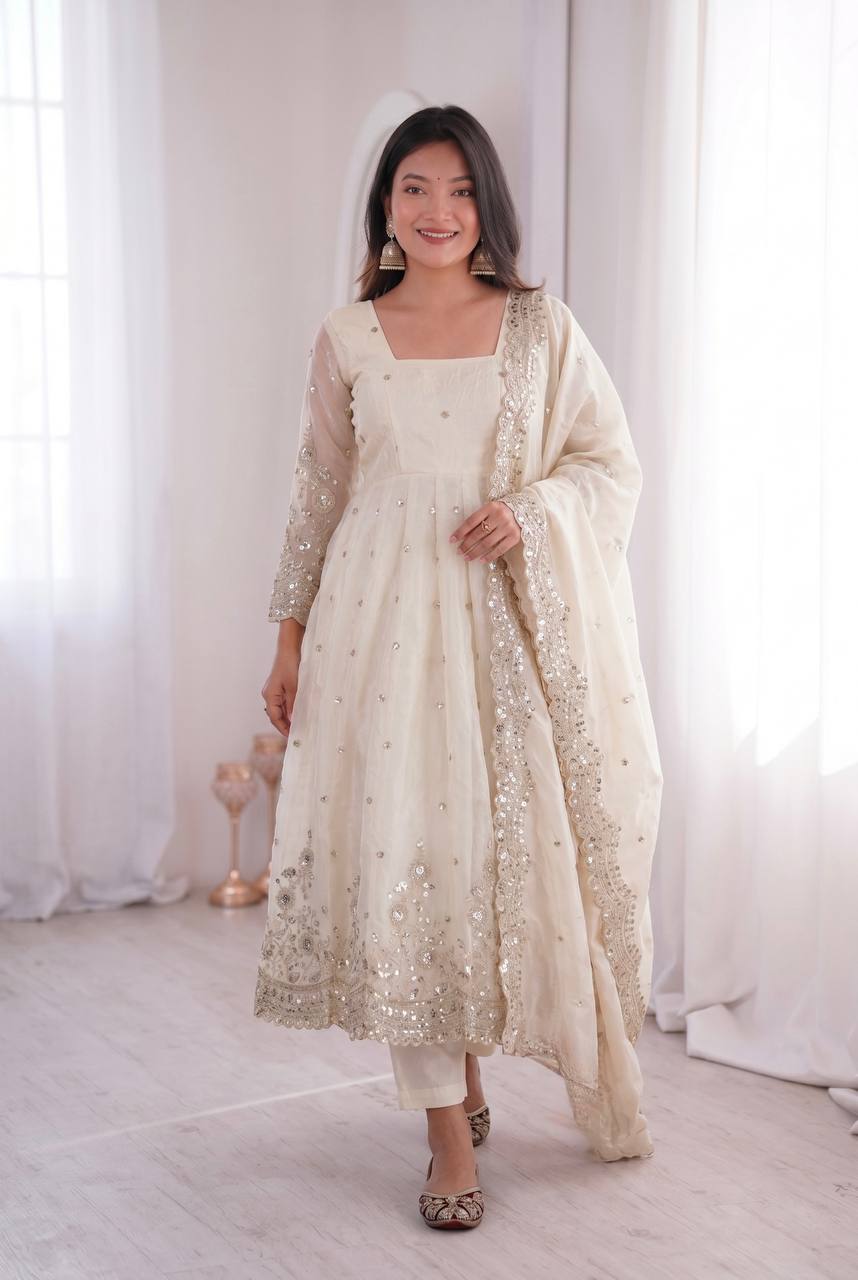 Designer Two Tone Fandy Silk Anarkali Kurti with Dupatta & Pant Set
