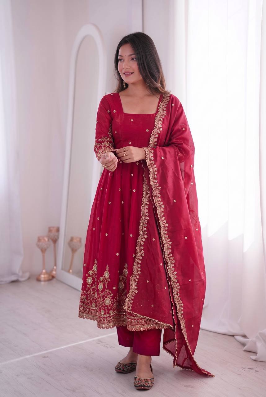 Designer Two Tone Fandy Silk Anarkali Kurti with Dupatta & Pant Set