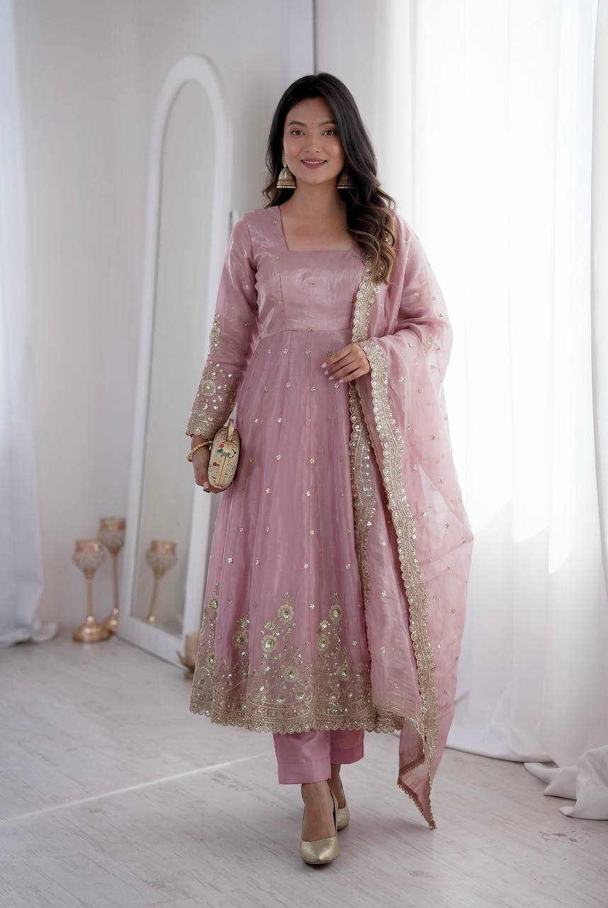 Designer Two Tone Fandy Silk Anarkali Kurti with Dupatta & Pant Set