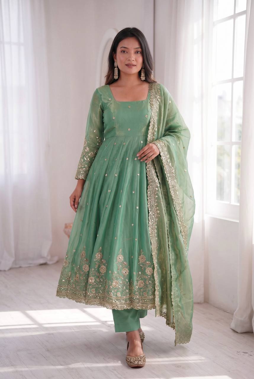 Designer Two Tone Fandy Silk Anarkali Kurti with Dupatta & Pant Set