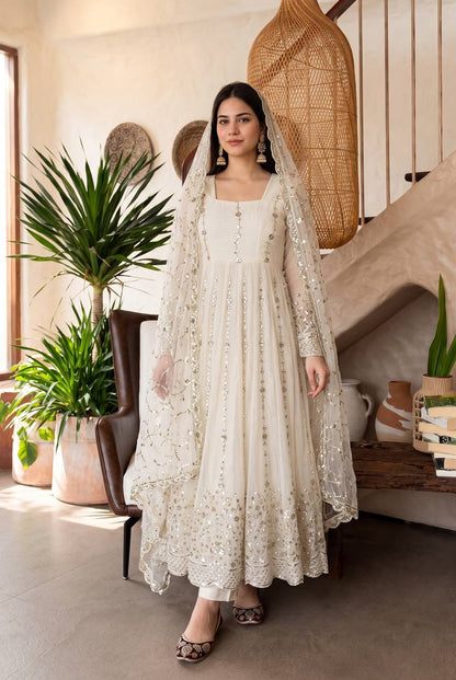 Heavy Fandy Silk Embroidered Anarkali Suit Set with Sequins Work & Dupatta