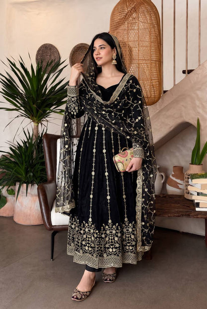 Heavy Fandy Silk Embroidered Anarkali Suit Set with Sequins Work & Dupatta