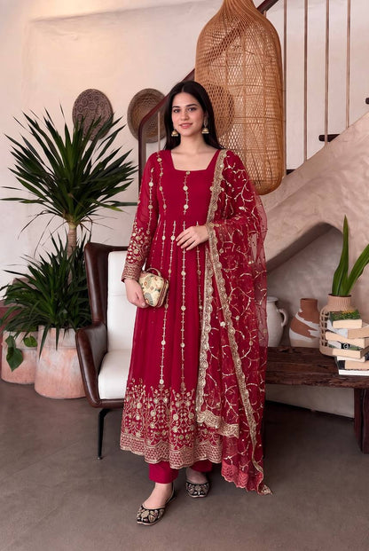 Heavy Fandy Silk Embroidered Anarkali Suit Set with Sequins Work & Dupatta