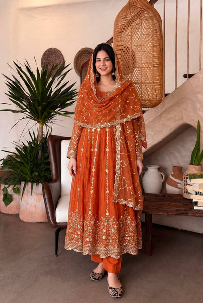 Heavy Fandy Silk Embroidered Anarkali Suit Set with Sequins Work & Dupatta