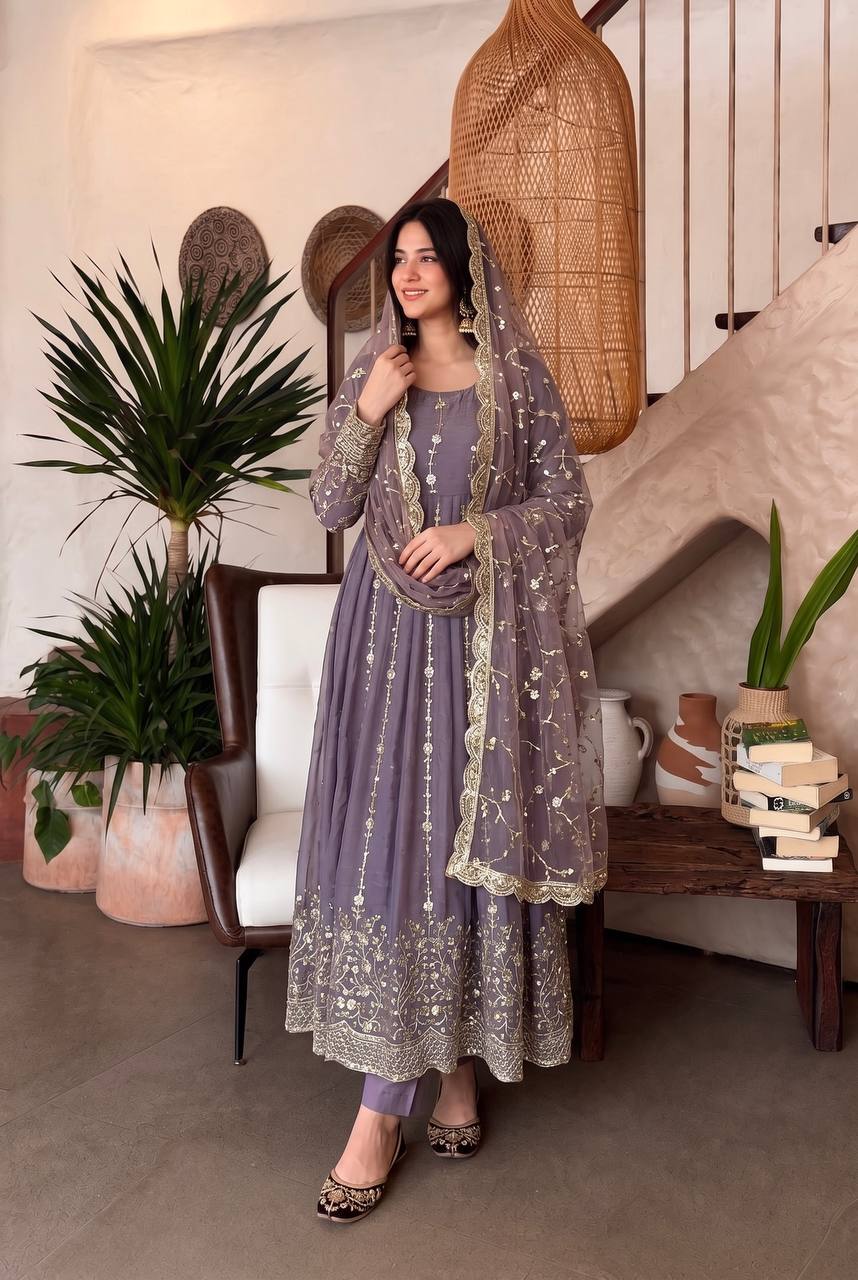 Heavy Fandy Silk Embroidered Anarkali Suit Set with Sequins Work & Dupatta
