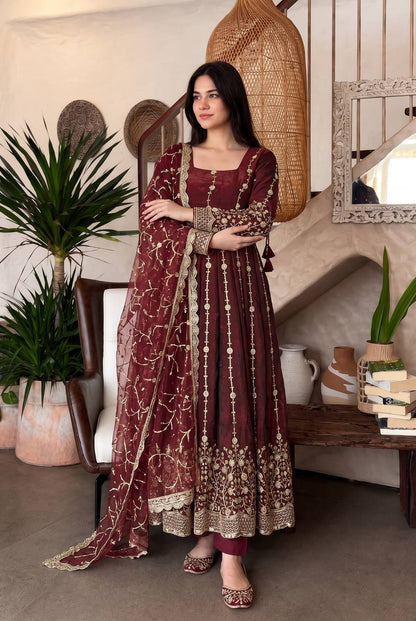 Heavy Fandy Silk Embroidered Anarkali Suit Set with Sequins Work & Dupatta