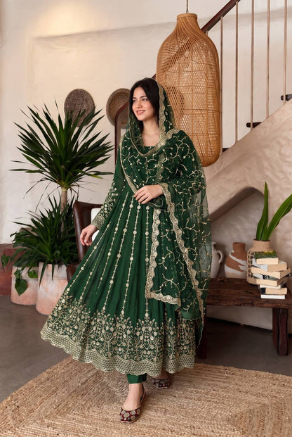 Heavy Fandy Silk Embroidered Anarkali Suit Set with Sequins Work & Dupatta