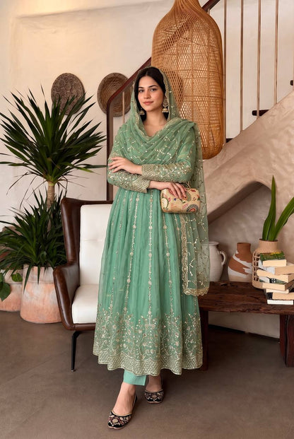 Heavy Fandy Silk Embroidered Anarkali Suit Set with Sequins Work & Dupatta