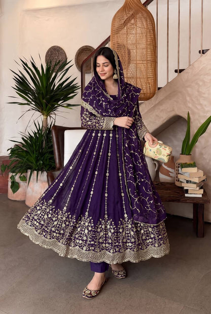 Heavy Fandy Silk Embroidered Anarkali Suit Set with Sequins Work & Dupatta
