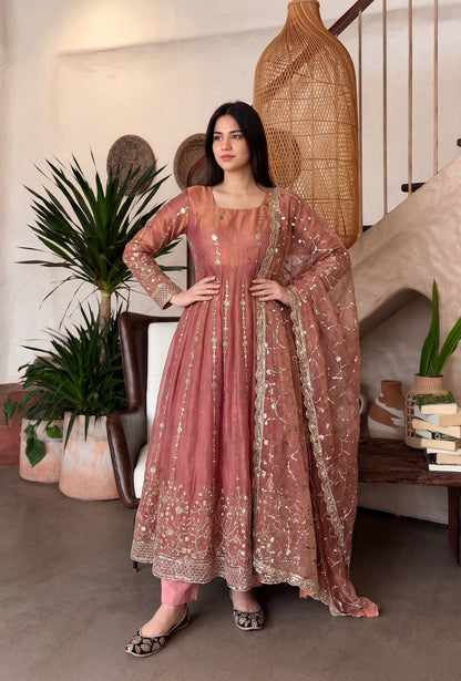 Heavy Fandy Silk Embroidered Anarkali Suit Set with Sequins Work & Dupatta