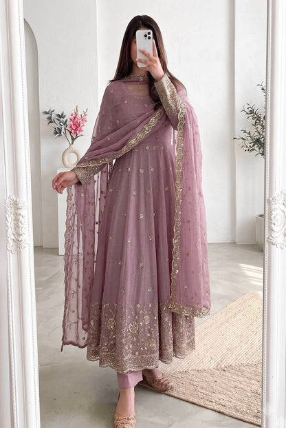 Women's Heavy Crunchy Silk Embroidery Sequins Anarkali Kurta Set with Pant & Dupatta | Fully Stitched Festive Wear Suit