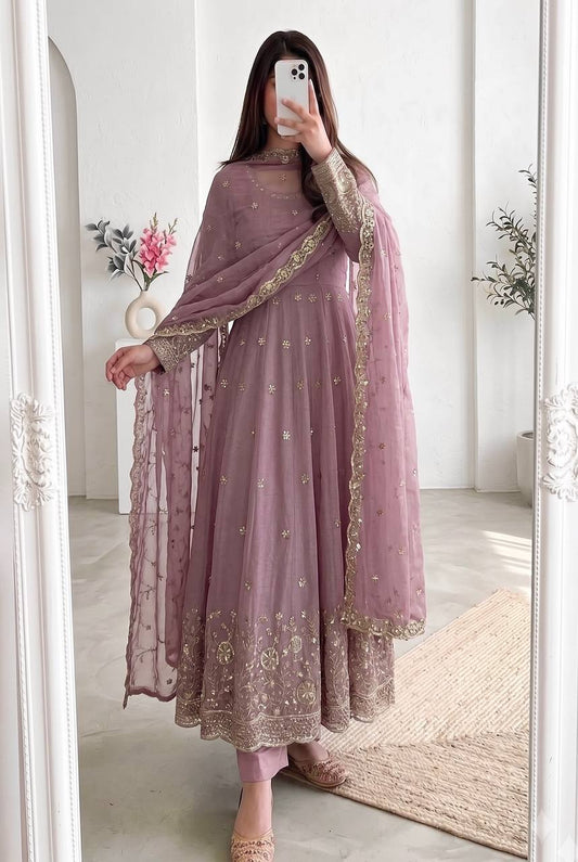 Women's Heavy Crunchy Silk Embroidery Sequins Anarkali Kurta Set with Pant & Dupatta | Fully Stitched Festive Wear Suit