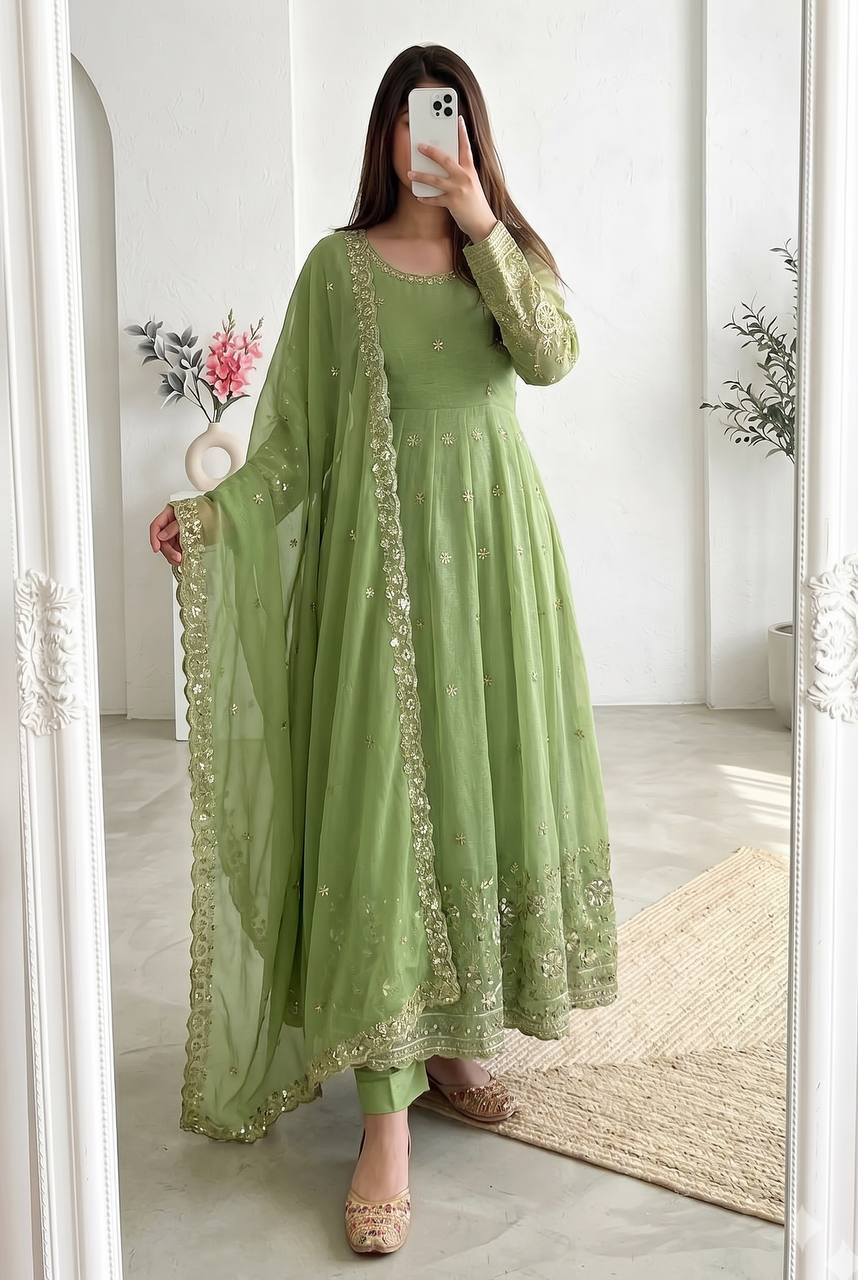 Women's Heavy Crunchy Silk Embroidery Sequins Anarkali Kurta Set with Pant & Dupatta | Fully Stitched Festive Wear Suit