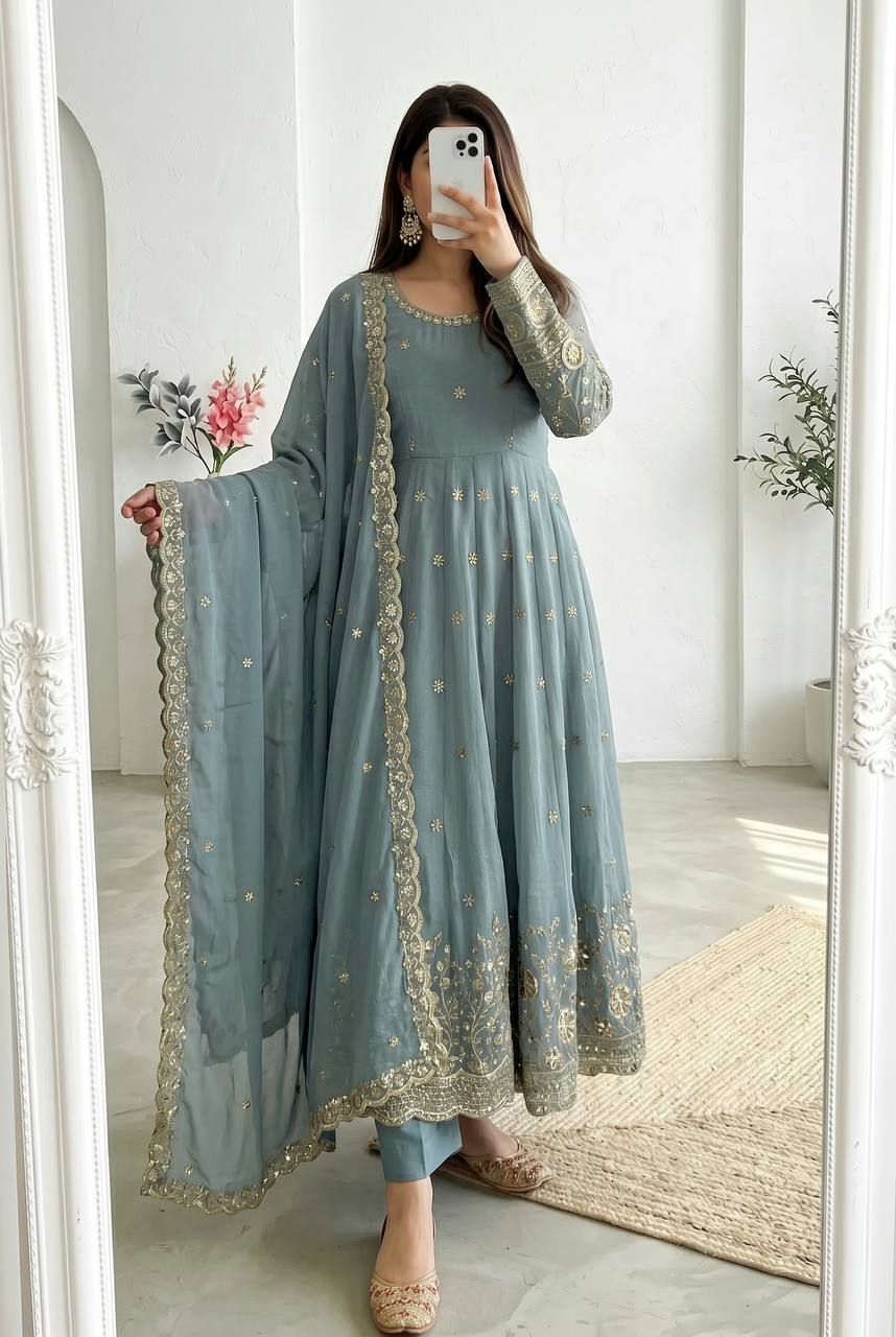 Women's Heavy Crunchy Silk Embroidery Sequins Anarkali Kurta Set with Pant & Dupatta | Fully Stitched Festive Wear Suit