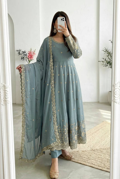 Women's Heavy Crunchy Silk Embroidery Sequins Anarkali Kurta Set with Pant & Dupatta | Fully Stitched Festive Wear Suit