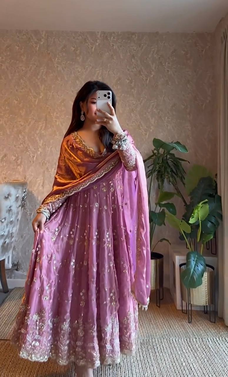Designer Heavy Fandy Silk Heavy Flair Anarkali Suit Set with Coding Sequins Work Dupatta & Pant