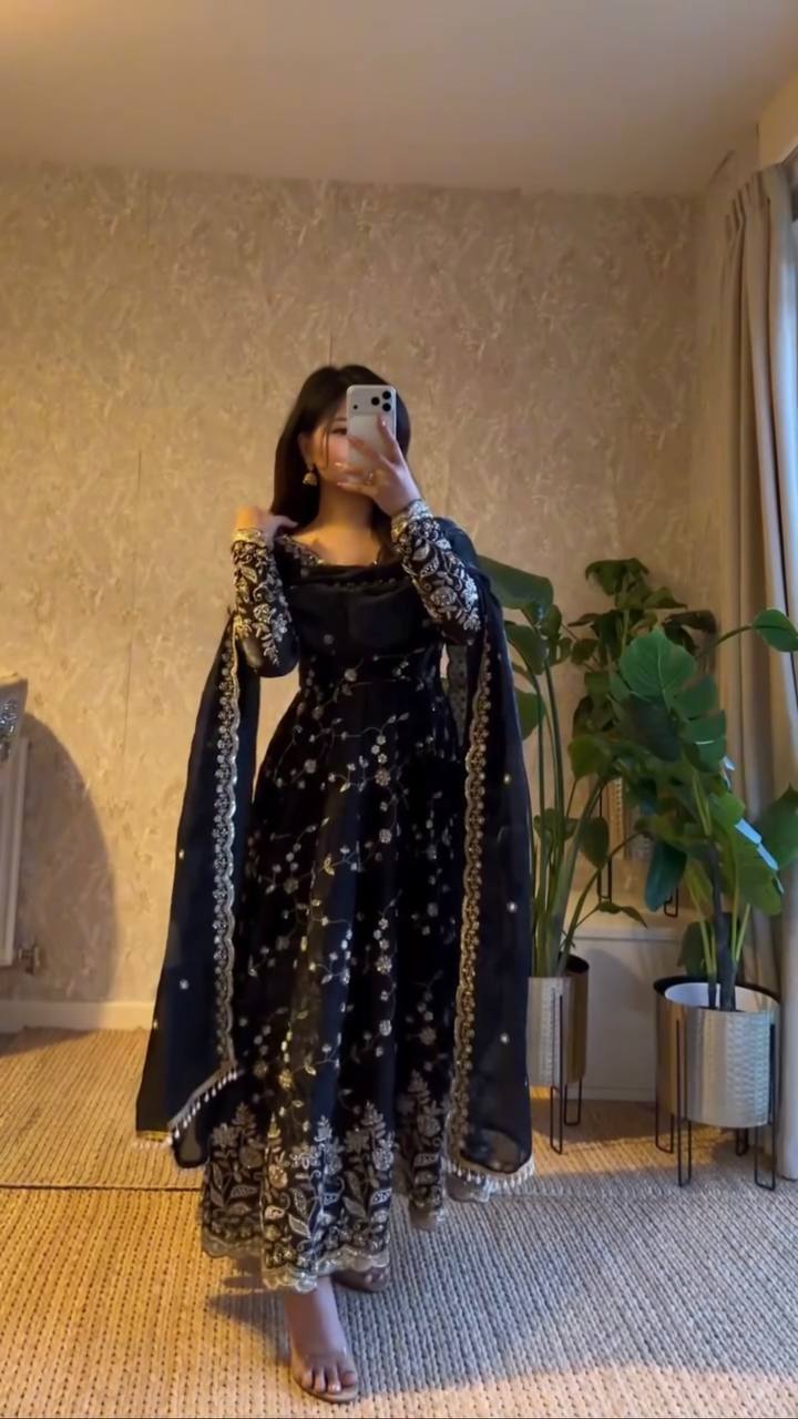 Designer Heavy Fandy Silk Heavy Flair Anarkali Suit Set with Coding Sequins Work Dupatta & Pant