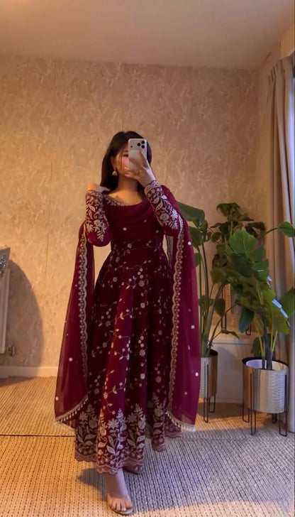 Designer Heavy Fandy Silk Heavy Flair Anarkali Suit Set with Coding Sequins Work Dupatta & Pant