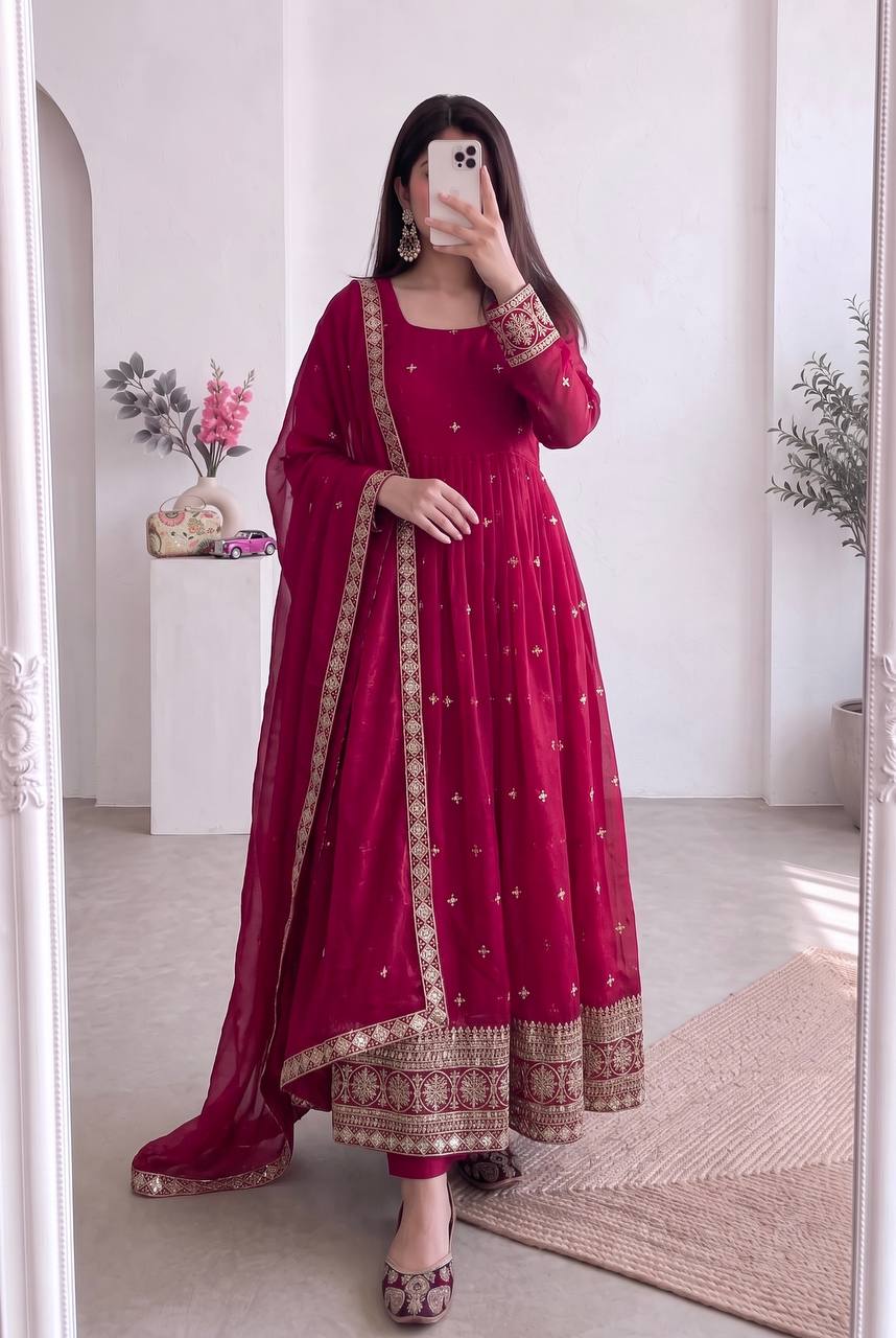 Magenta Pink Heavy Fandy Silk Sequins & Zari Embroidered Anarkali Suit Set with Dupatta & Pant |Ethnic Suit