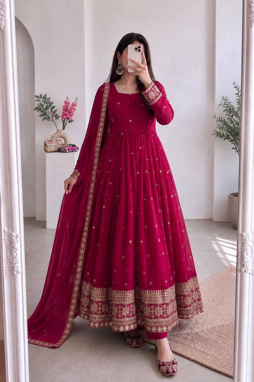 Magenta Pink Heavy Fandy Silk Sequins & Zari Embroidered Anarkali Suit Set with Dupatta & Pant |Ethnic Suit