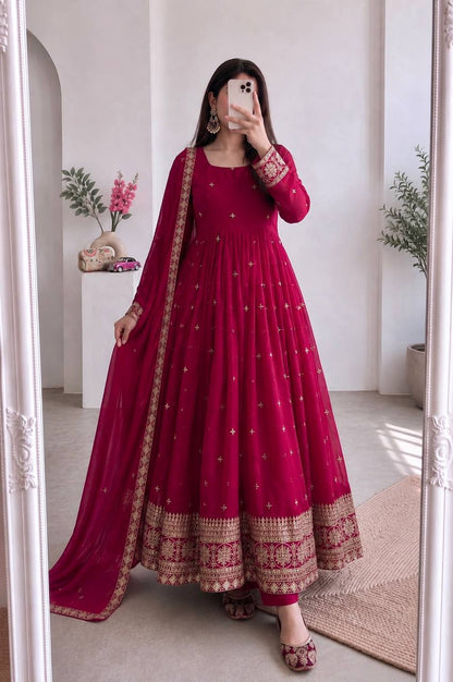 Magenta Pink Heavy Fandy Silk Sequins & Zari Embroidered Anarkali Suit Set with Dupatta & Pant |Ethnic Suit