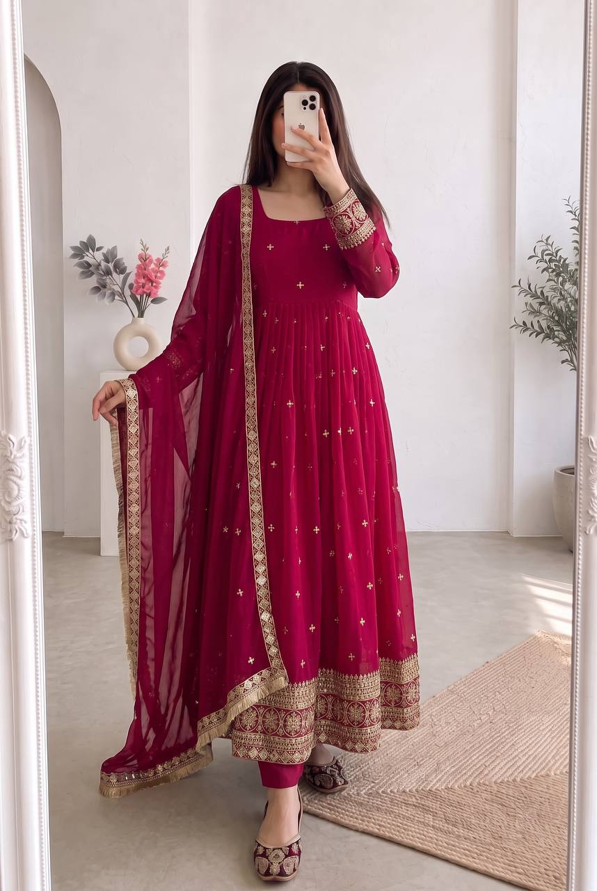 Magenta Pink Heavy Fandy Silk Sequins & Zari Embroidered Anarkali Suit Set with Dupatta & Pant |Ethnic Suit