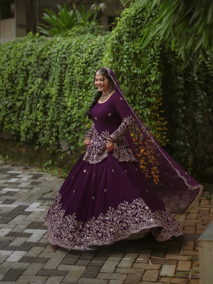 Fully Stitched Purple Georgette Cording & Sequins Embroidered Lehenga Suit Set with Dupatta