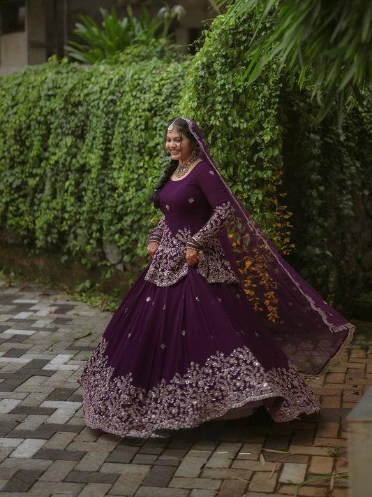 Fully Stitched Purple Georgette Cording & Sequins Embroidered Lehenga Suit Set with Dupatta