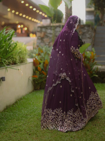 Fully Stitched Purple Georgette Cording & Sequins Embroidered Lehenga Suit Set with Dupatta