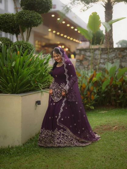 Fully Stitched Purple Georgette Cording & Sequins Embroidered Lehenga Suit Set with Dupatta