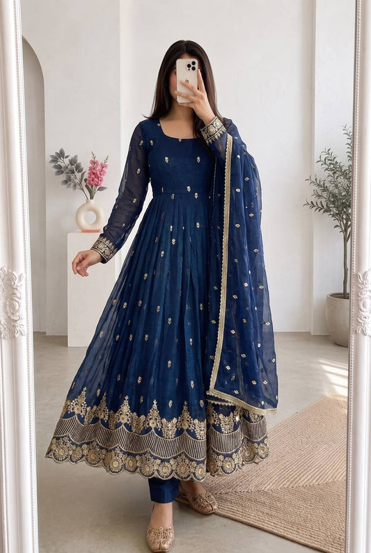 Navy Blue Heavy Crunchy Silk Sequins Work Anarkali Suit Set