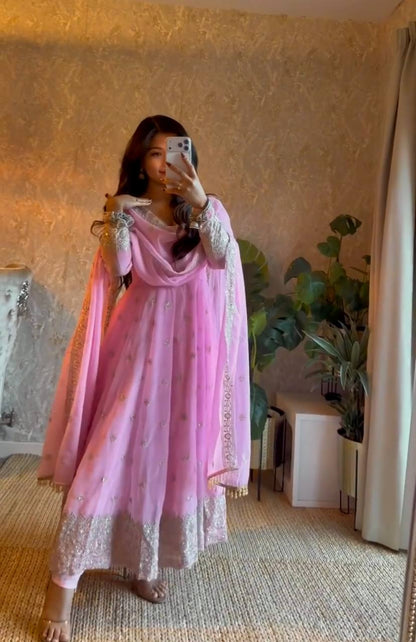 Heavy Fandy Silk Sequins Embroidered Long Anarkali Suit Set with Dupatta (4 Colors)