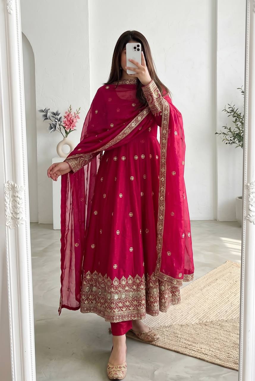 Heavy Fandy Silk Sequins Embroidered Long Anarkali Suit Set with Dupatta (4 Colors)