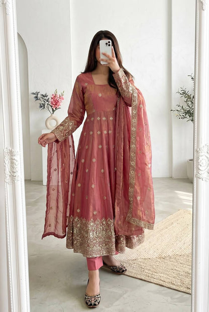 Heavy Fandy Silk Sequins Embroidered Long Anarkali Suit Set with Dupatta (4 Colors)