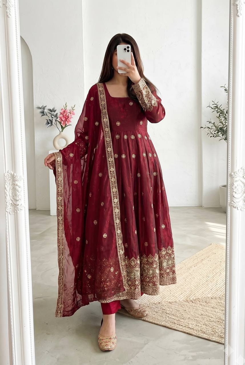 Heavy Fandy Silk Sequins Embroidered Long Anarkali Suit Set with Dupatta (4 Colors)