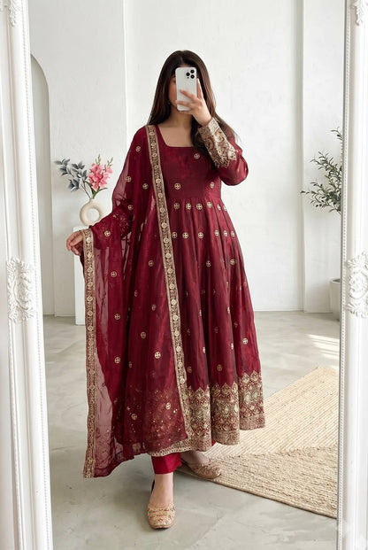 Heavy Fandy Silk Sequins Embroidered Long Anarkali Suit Set with Dupatta (4 Colors)