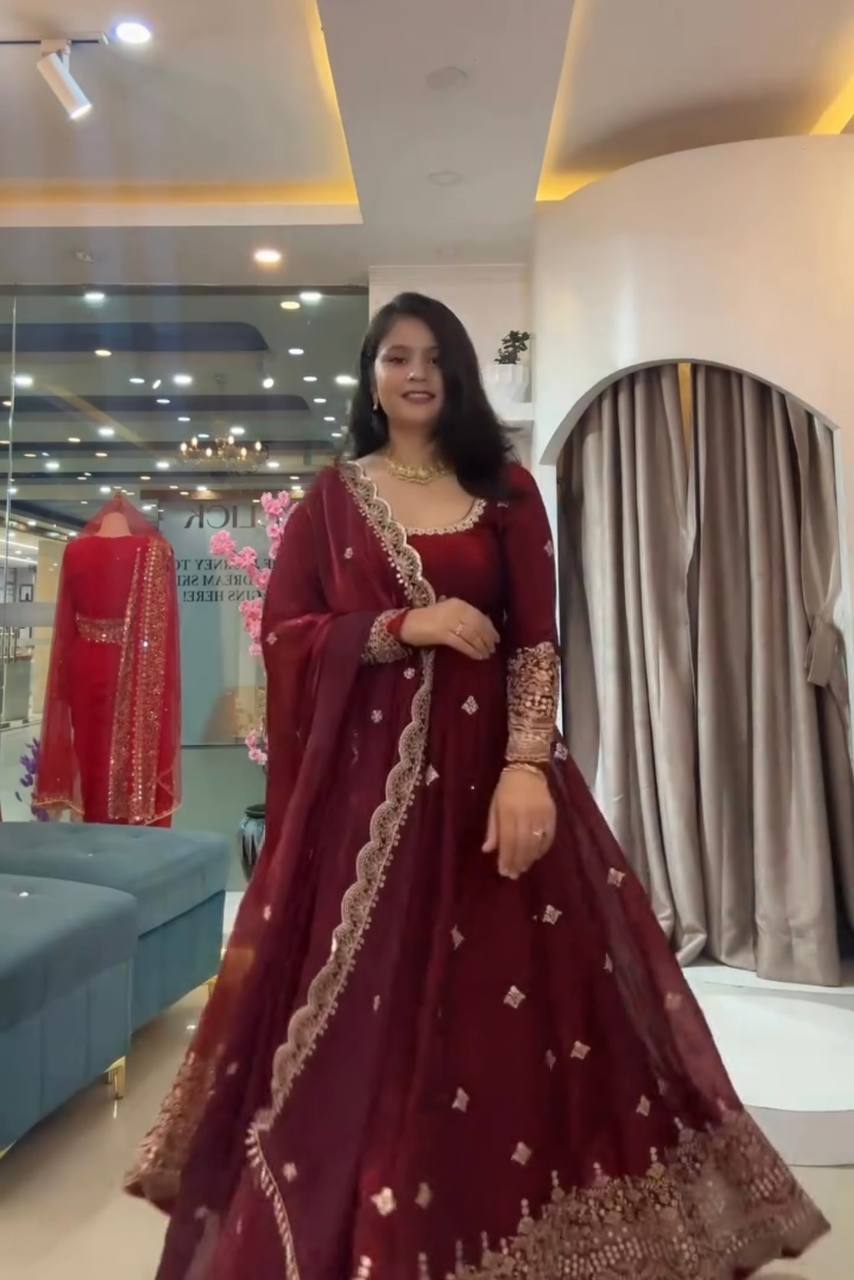 Maroon Two Tone Fandy Silk Hand Pearl & Sequins Embroidered Anarkali Suit Set with Dupatta