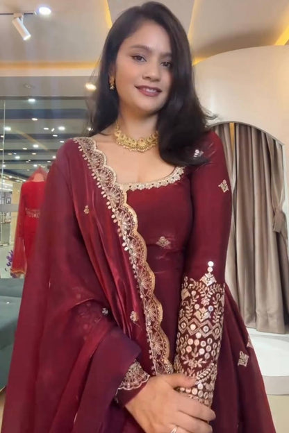 Maroon Two Tone Fandy Silk Hand Pearl & Sequins Embroidered Anarkali Suit Set with Dupatta