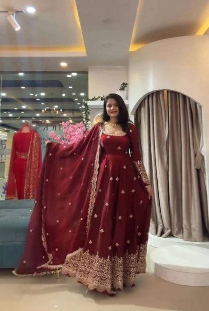 Maroon Two Tone Fandy Silk Hand Pearl & Sequins Embroidered Anarkali Suit Set with Dupatta