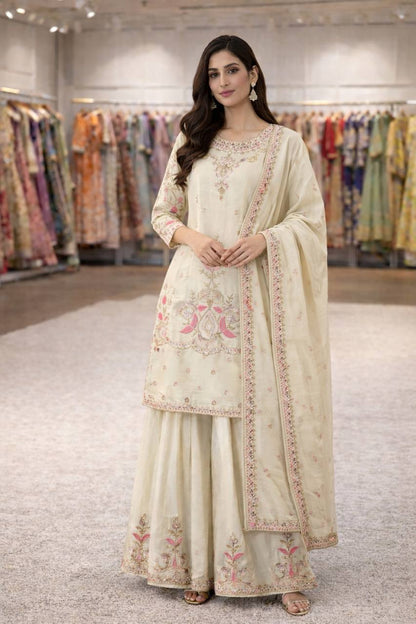 Cream Chinon Silk Thread & Sequins Embroidered Kurta Palazzo Set with Dupatta
