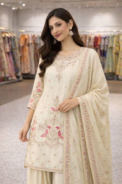 Cream Chinon Silk Thread & Sequins Embroidered Kurta Palazzo Set with Dupatta