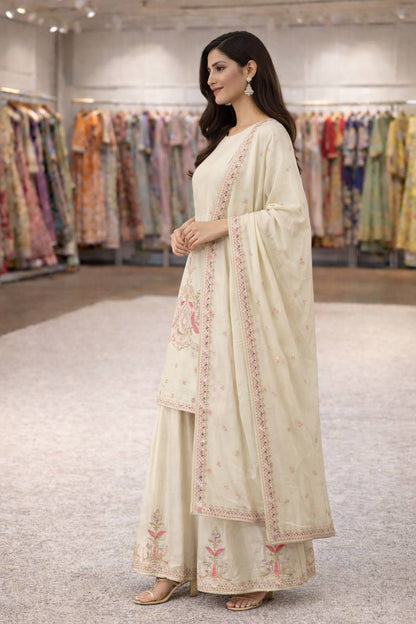 Cream Chinon Silk Thread & Sequins Embroidered Kurta Palazzo Set with Dupatta