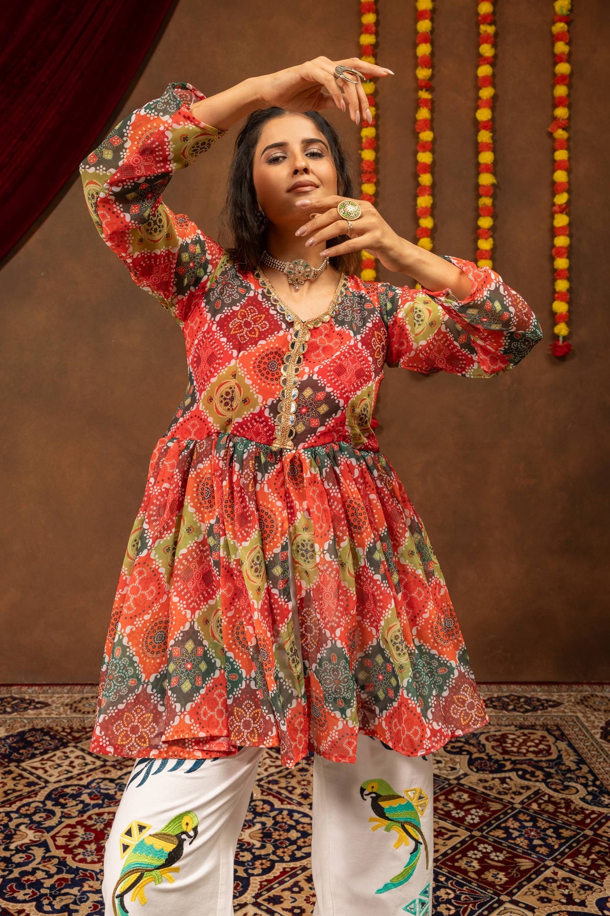 Navratri Special Kediya Top & High Waist Embroidered Denim Set