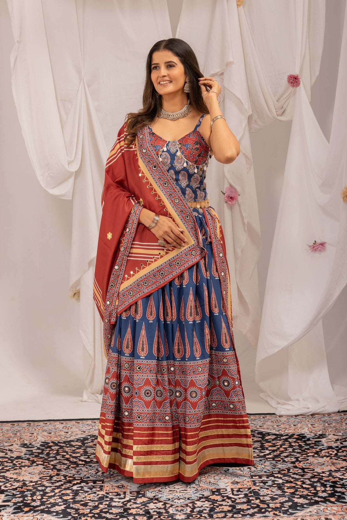 Traditional Roots – Natural Crepe Ajrakh Print Navratri Chaniya Choli Set