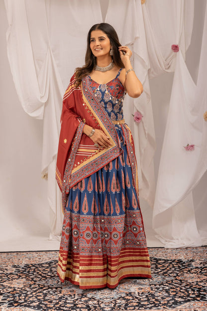 Traditional Roots – Natural Crepe Ajrakh Print Navratri Chaniya Choli Set